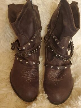 Not Rated Dark Brown Leather Studded Chain Ankle Boots